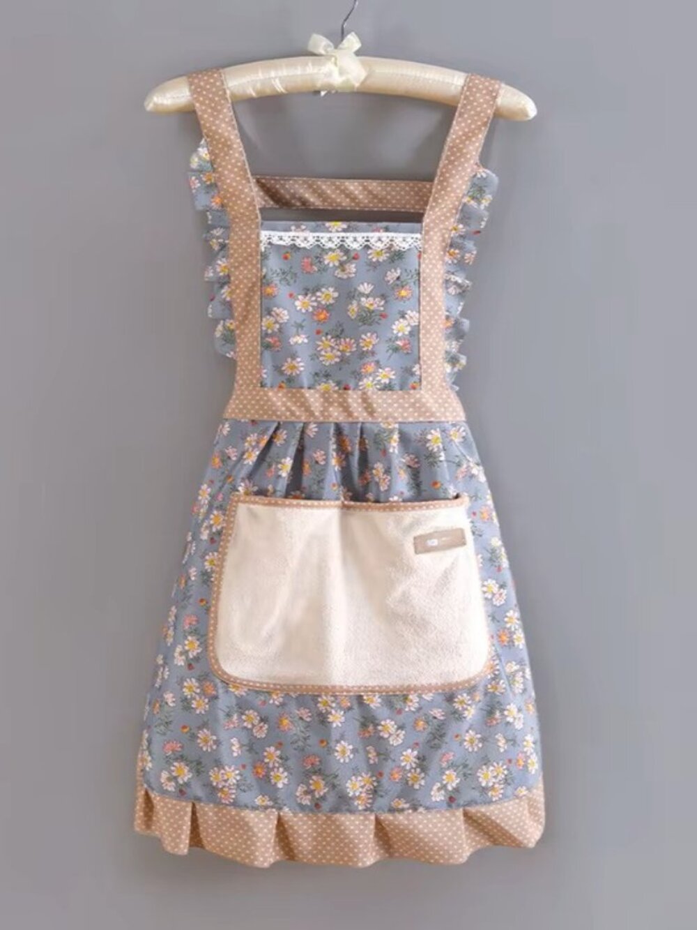 Blue, Gray Floral Apron Kitchen Cooking Baking Housework Maid Large Pocket